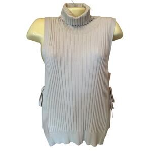 Brochu Walker Cream Ribbed Blouse with Side Ties Size Medium Turtleneck